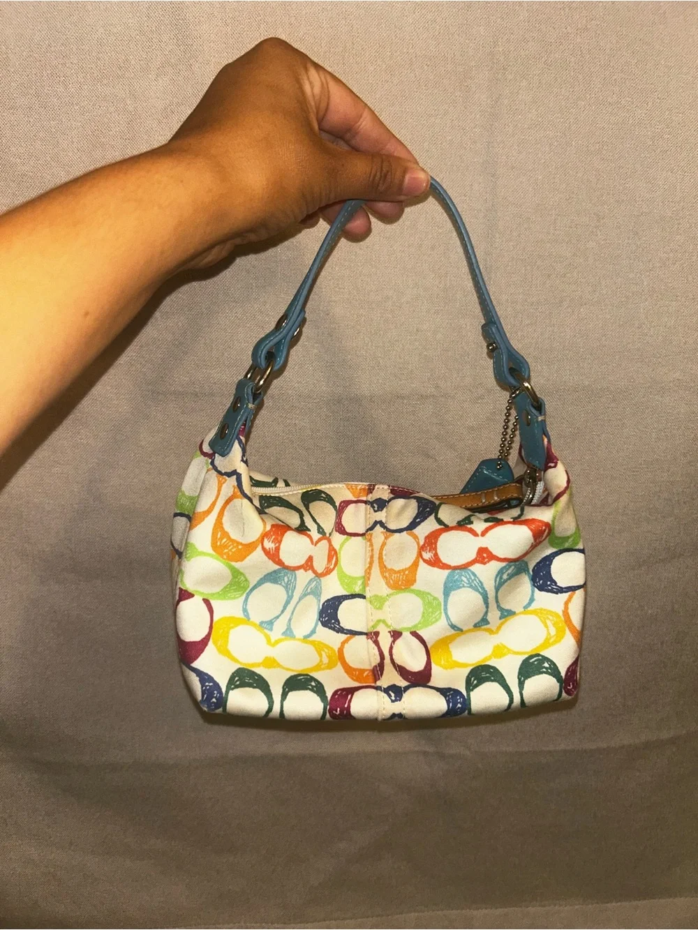Coach Multicolor Signature Canvas Shoulder Bag with Teal Handle